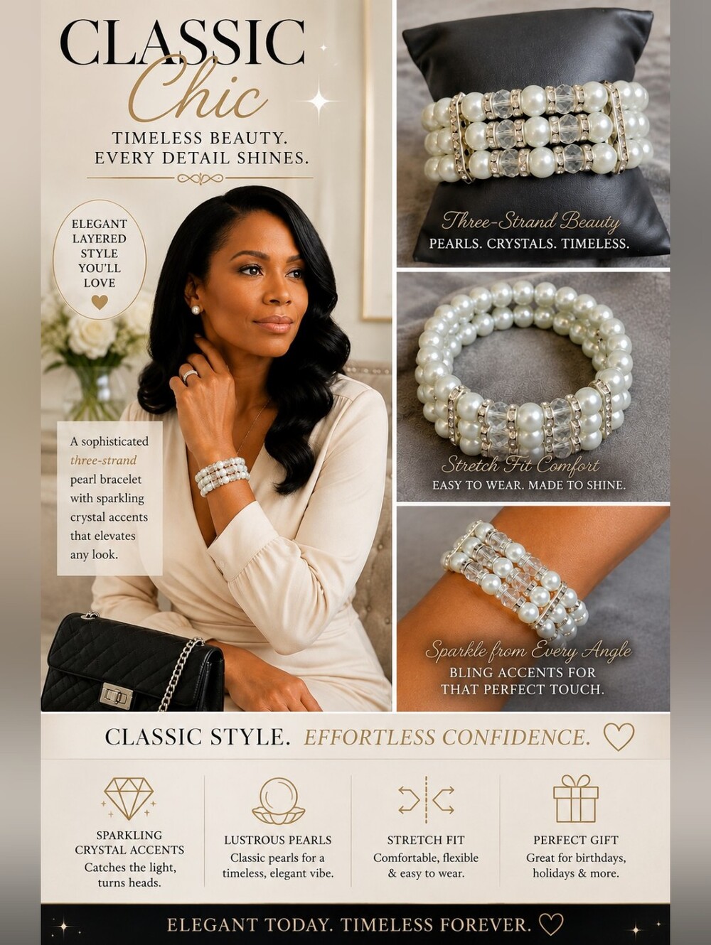 Three-Strand Ivory Pearl Beaded Bracelet with Crystal Bling Accents | Classic